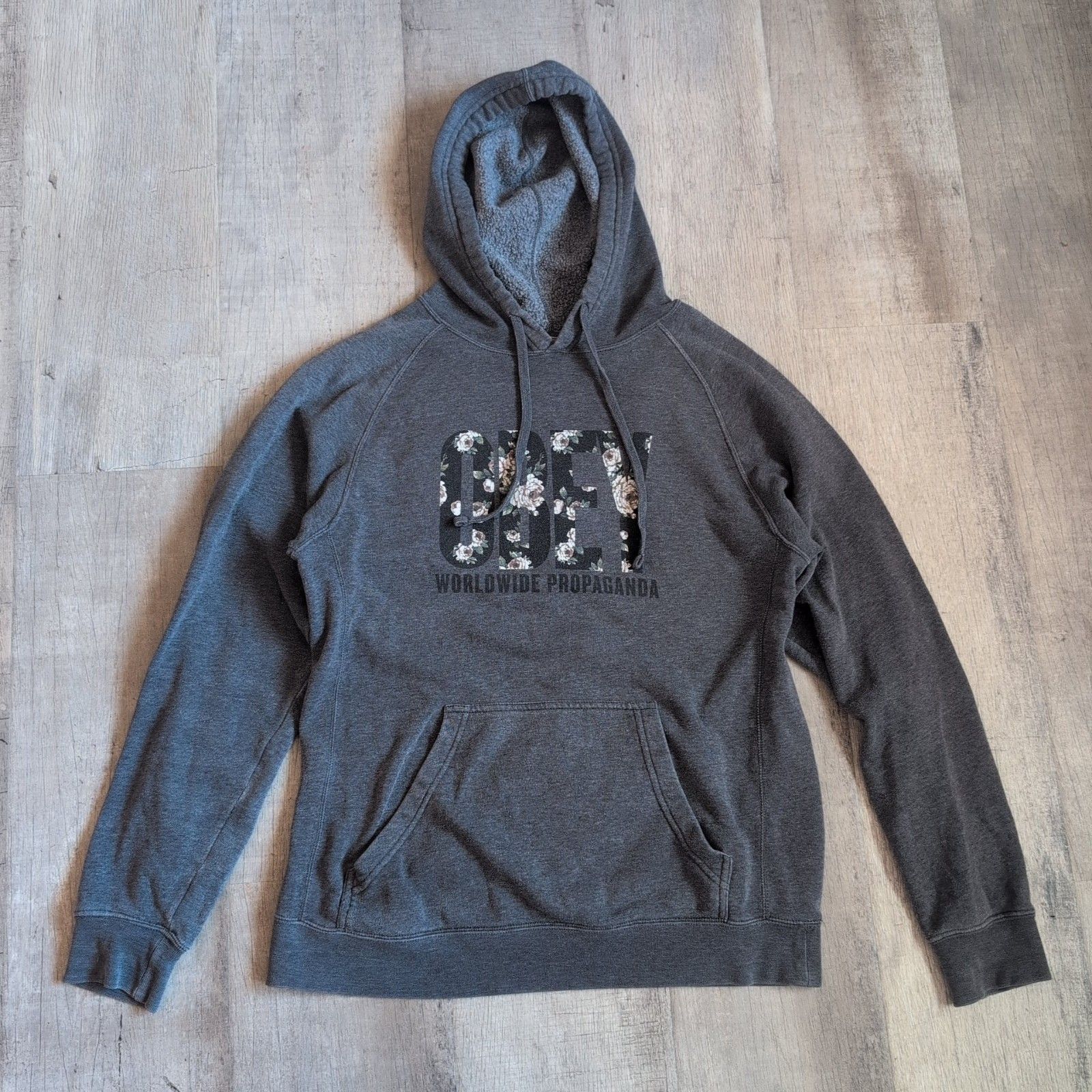 Obey Black Floral Long Sleeve Hoodie Womens Size M Skateboarding Brand Gray